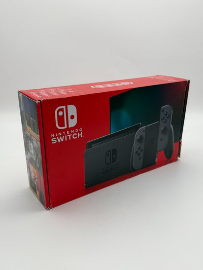 Nintendo Switch V2 Konsole Grau guter Zustand mit Originalverpackung hintere Halterung fehlt